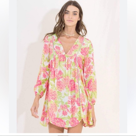 MAAJI Pink Beachy V-Neck Flowy Floral Mini Dress Medium - Picture 1 of 8